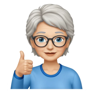 Older woman with blue eyes Ang salt and pepper hair and with glasses giving a thumbs up sticker