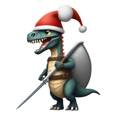 Dinosaur wearing a santa hat holding a midevil sword  sticker