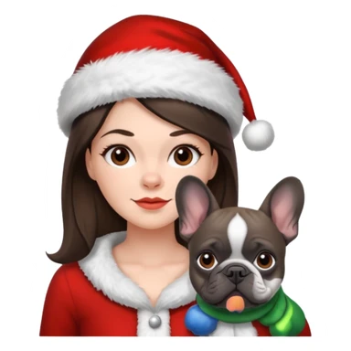 brunette woman with a dark grey French bulldog both wearing Santa sticker