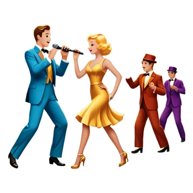 Vintage movie poster-style icon for a musical film. A vibrant street scene with bright lights, dancers mid-step, a singer with a microphone, and a jazz band playing. The cityscape glows in the background, evoking the golden era of musicals. Transparent background. sticker