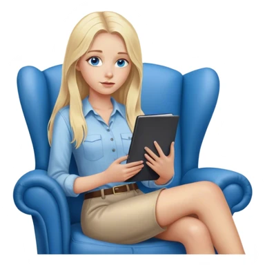 A cinematically realistic blonde with long hair and blue eyes is sitting on an armchair with a notebook in her hands, a girl is sitting opposite. sticker