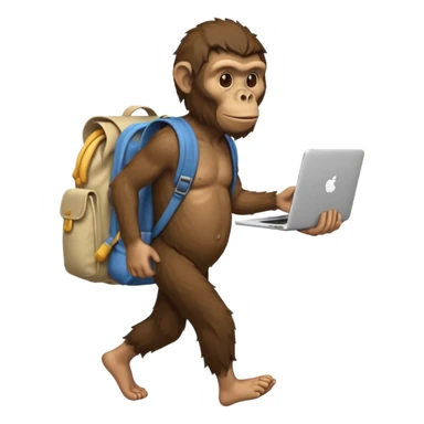 Draw an Australopithecus walking like a nomad, carrying a cloth bundle on its back, holding an iPhone in one hand and an open laptop with the screen visible in the other hand, in a cute flat iPhone emoji style. sticker