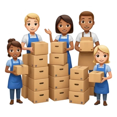 Generate a realistic emoji-style icon workers in a stoage room being efficient while packing sticker