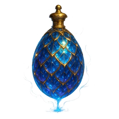 luxurious crystal elixir bottle in an oval shape resembling a dragon egg, with magical scale patterns on the surface, lots of glowing highlights, edges, and ornate golden details, magical effects, very small golden neck, transparent background, beautiful merging base, clearly hanging in the air without base or shadow, premium class impression, magical and mysterious design fitting a collection of crystal, luxurious, magical bottles sticker