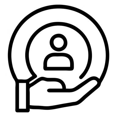 Redesign the icon by removing the three people icons above, changing the layout to be more optimized and neat, similar to the attached reference images. Place the Volio logo in the center, and incorporate a single human resources symbol like a hand holding a person in a clean, professional, and iconic style. Maintain a neat and optimized layout with a black outlined icon style. sticker