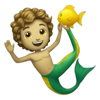 Underwater man mermaid swimming with fins, snorkel equipement, holding a small yellow ball, winning enthousiasm sticker