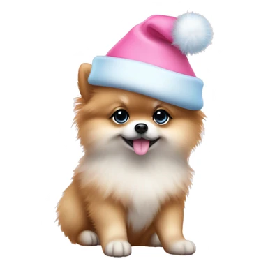 pomeranian puppy full body light blue eyes pink christmas hat on sticker