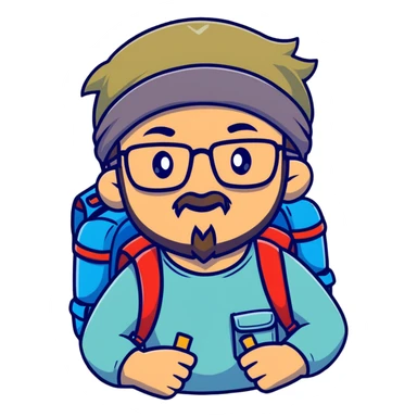 adventurer with goatee beard (no beard on cheeks), short hair, glasses, bandana on head and backpack sticker