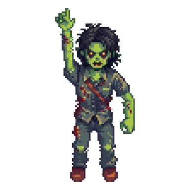 isometric zombie with one arm raised in the air and messy black hair sticker