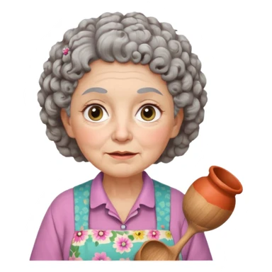cartoon Apple iOS emoji style rural elderly woman, chubby face, short gray curly hair, flowery blouse, colorful apron, big expressive eyes, pastel colors, Chilean wooden kitchen background, clay pots, warm light, detailed and clean vector art sticker