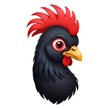Cinematic Cute Black Rooster Portrait Emoji, Head tilted playfully and inquisitively, featuring a glossy, immaculate black plumage with a vibrant red comb, round, sparkling eyes filled with curiosity, Simplified yet irresistibly adorable features, highly detailed, glowing with a warm, friendly glow, high shine, affectionate and spirited, stylized with a touch of farmyard whimsy, bright and endearing, soft glowing outline, capturing the essence of a mischievous yet loving rooster, so playful it feels like it could strut out of the screen and into your arms! sticker