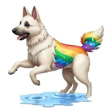 White belgian Shepard jumping over Rain puddles. There is a rainbow in the sky sticker