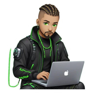 Light skinned African American male with green eyes as a cyberpunk hacker with cornrows hairstyle but short cornrows  with just goatee facial hair and no beard hacking/coding on laptop  sticker