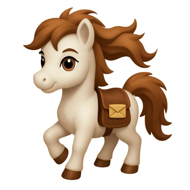 Add a saddle with a mail-pouch to the eager pony, keep the hair blowing in the wind, in emoji style. sticker