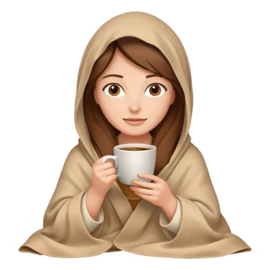 brown hair woman sitting under beige blanket, with a blanket over his head, holding cup of coffe sticker