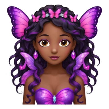 Black girl fairy with long wavy black hair, pink and purplered butterfly wings sparkly sticker