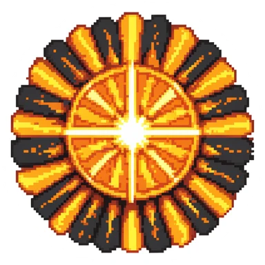 Bomberman explosion center tile, bright fiery explosion core with yellows and oranges radiating from center, circular explosion pattern, clean pixel art edges, slight transparency at edges sticker