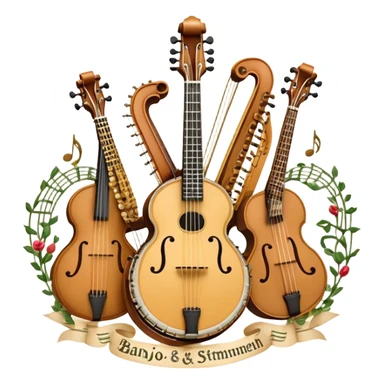 Design a complex and festive emblem-like emoji representing plucked string instruments, such as a banjo, mandolin, domra, sitar, and similar instruments. The composition should resemble a heraldic crest, with the instruments arranged symmetrically and gracefully, their necks intertwining with a flowing ribbon of musical notes. The ribbon should weave through the strings and headstocks, symbolizing the harmonious connection between the instruments. Use detailed engraving on the instrument bodies and fretboards to emphasize their craftsmanship. Incorporate rich, celebratory colors like gold, mahogany brown, deep green, and vibrant accents. Add subtle shading and light reflections to create a three-dimensional, polished look. Include ornate elements like swirls, laurel leaves, and decorative flourishes to enhance the festive and professional appearance. The background should be transparent to highlight the emblem as a standalone piece. sticker