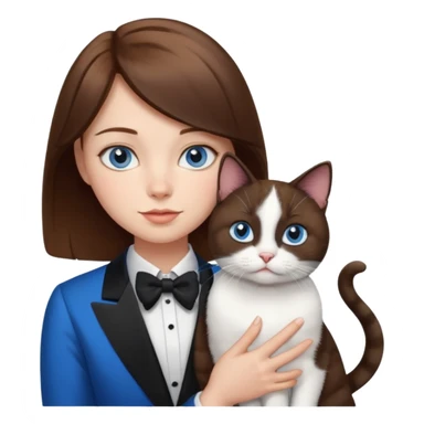 brown haired girl with blue eyes holding a fat black and white tuxedo cat sticker