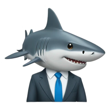 A shark wearing a suit looking straight while sitting at a brown table with a blue tie sticker