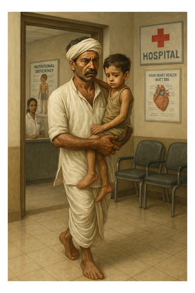 An Indian farmer in a white dhoti, carrying his 4-year-old child, entering a hospital for a checkup because of nutrient deficiency, worried look, hospital setting, detailed art sticker
