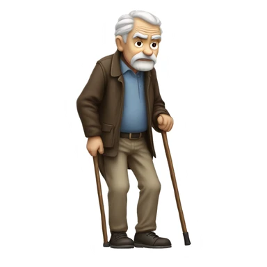 Old man leaning on a walking cane and holding his back with his hand grumpy face, detailed sticker