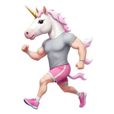 friendly anthropomorphised male white unicorn with a fit, chunky, muscular and strong physique, arms and legs matching the white of the head, in grey shorts and pink t-shirt, wearing dark sunglasses, jogging upright in a standard pose sticker