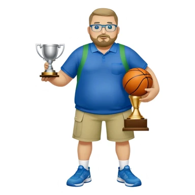 full body white obese male basketball coach with trophy. Goatee , Wearing glasses and blue and green polio with khaki pants sticker