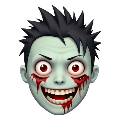 zombie boy with emo spiky hair, white skin, and white eyes; an open smile, and bloodied teeth; sticker