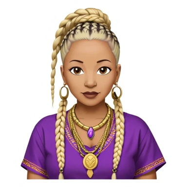 African american 57yr old ,dark chocolate brown  woman who is 5ft 6in with a blonde and black mohawk of individual braids, with low shaved side haircut,
wearing a purple,  dashiki, with an gold  necklace of Draya inscribed,  wearing big gold bamboo earrings in ears with the name engraved of Draya sticker