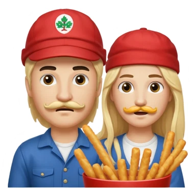 Aurore had long blond hair and Enzo is an Italian boy with mid-long black hair, mustache and a cap on his head and they are figthing like monster about mozzarella sticks sticker