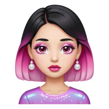 “black hair Emoji girl, glossy pink eyelids, ombré cherry lips, soft contour, subtle glitter under eyes, pearl hair clips, trendy hairstyle, iridescent modern top.” sticker