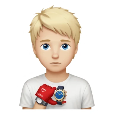 create boy blonde hair long messy, light eyes, white t shirt, rich, long hair, eyes blue, acessory rolex or cartier sticker