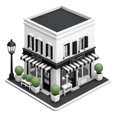 Isometric exterior little black and white French restaurant dollhouse style 3D realistic  sticker