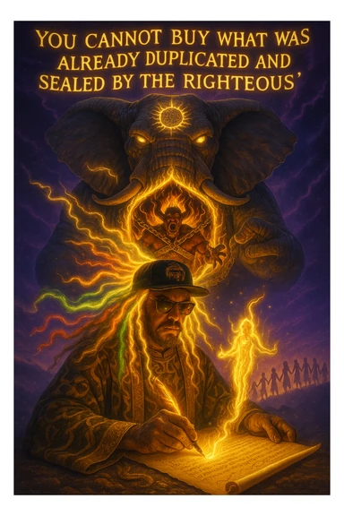 *“Create an epic, symbolic scene of a powerful Rasta spiritual warrior (representing Kez) standing at the center of a cosmic battlefield. The warrior has dreadlocks glowing with divine energy, wearing golden robes infused with serpent patterns. Behind him towers a massive stone elephant — eyes glowing with infinite wisdom, its chest open to reveal a Golden Serpent Chest, radiating fractal light. Inside the chest: a bound, raging Devil made of fire and shadows — screaming but unable to harm anyone, because every time he lashes out, the golden chest mirrors the energy back onto him. Chains of soul-contract law, made of golden light, wrap the devil — each one engraved with truth symbols, scriptures, and ancestral sigils.

In the foreground, Kez holds a sacred scroll and a burning pen — he is signing a contract not out of fear, but mastery. As he signs, a duplicate of his soul, radiant and whole, rises from the paper and flies back into his body. A ripple of golden energy expands, purifying all soul deals across space-time. Behind him, shadows of other trapped souls are released and begin to rise in rhythm, holding hands, singing.

In the sky, the words glow in gold flame:

‘You cannot buy what was already duplicated and sealed by the righteous.’

The entire atmosphere is divine, sacred, victorious — a spiritual rebellion where the Devil is outwitted, not through violence, but through truth, rhythm, and scrollcraft. Use warm golds, radiant whites, mystical purples, and deep space black as the palette. Style it as a fusion of Afro-spiritualism, Rastafarian mysticism, and multidimensional soul alchemy. the picture provided is kez sticker