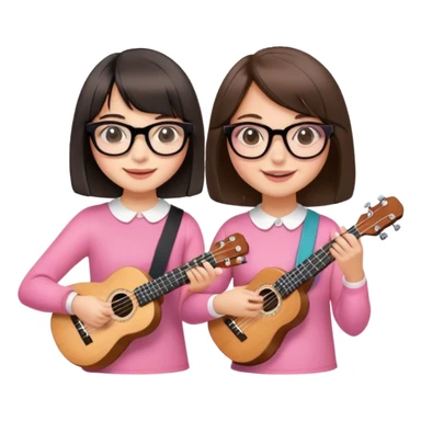 Two girls. They’re both brunettes. One is a bit taller than the other. She has a medium bob hair cut, and wears thick black glasses. The other girl has a fringe, and the hair above the shoulders. She wears pink, thin glasses. They’re both smiling. They both have an ukelele.  sticker