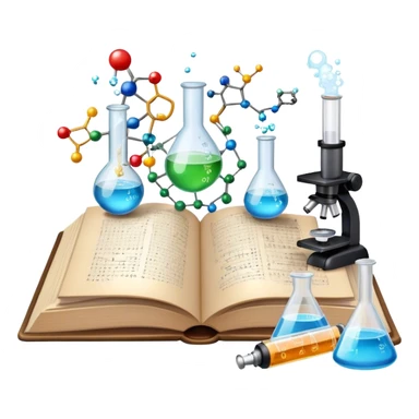 Icon for Scientific and Educational Reading: an open book with mathematical and physical formulas on the pages, with molecules and atoms flying out. On the desk are test tubes, flasks, and a microscope. Transparent background. sticker