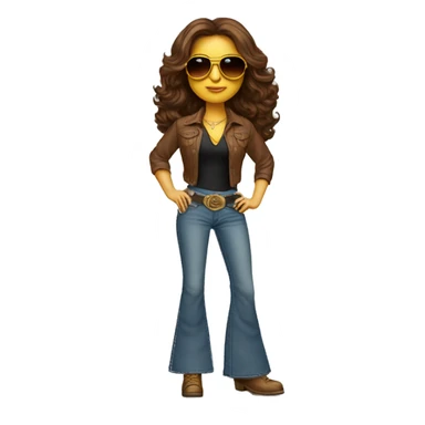 a 70's rockstar woman with bell-bottoms, long brown hair, hazel eyes, a t-shirt tucked into the bell bottom jeans and a belt. She is wearing aviators  sticker