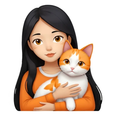Oriental Asian girl with long black hair snuggling with an orange and white cat, cat is mostly white with orange patches, the girl is holding the cat lovingly sticker