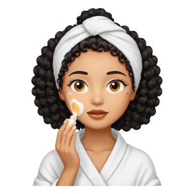 Mixed-race woman with glowing caramel skin and black curly hair, in a white towel wrap, applying face cream in front of a soft pastel background sticker