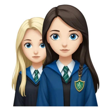 a pretty ravenclaw girl with long dark brown hair and blue eyes standing with a hot Slytherin girl with long blonde hair, blue eyes sticker