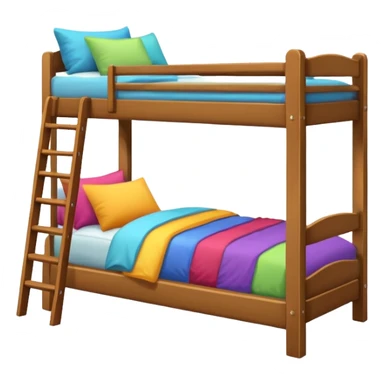 "Cozy bunk bed in a bright bedroom, wooden frame, colorful bedding, small ladder, soft natural light, realistic and detailed." sticker