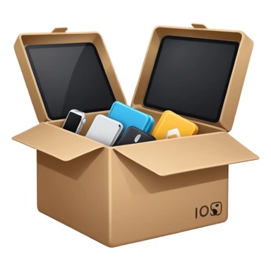 Minimalistic flat vector icon, iOS style, thin black contour on white background. Open box with old items being cleared out. Clean, modern, no text, no shadows sticker