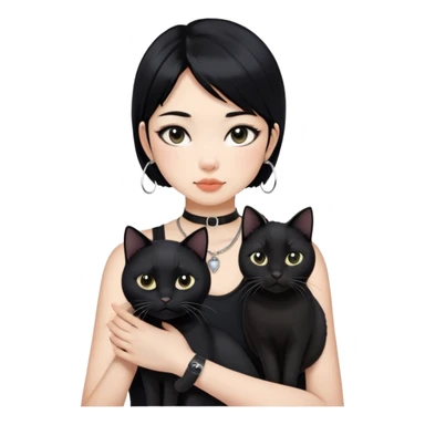Asian cool girl, black hair, slightly longer than shoulder.  Holding two BLACK cats. one cat has a round fat face, the other one has a slightly slimmer face. Both pure black.  The girl also wearing a black singlet, a black chocker, silver round hook earring, and wearing eyeliner.  sticker