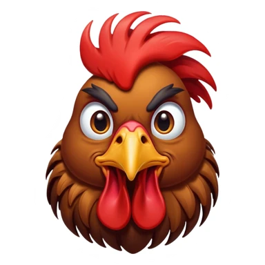 Cinematic Comical Brown Rooster Portrait Emoji, Head tilted dramatically with an exaggeratedly amused expression, featuring a striking, glossy brown plumage with a bold red comb, wide, expressive warm eyes filled with playful disbelief, Simplified yet hilariously expressive features, highly detailed, glowing with a slightly sassy glow, high shine, dramatic yet playful, stylized with an air of cheeky mischief, bright and endearing, soft glowing outline, capturing the essence of a spirited and over-the-top rooster, so meme-worthy it feels like it could crow its way into internet fame instantly! sticker