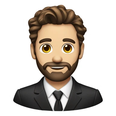 A man in late 30s with brown hair and brown eyes and a black suit and hair to the right and beard sticker