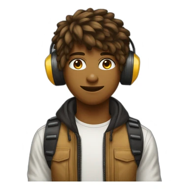 Adolescent métisse de 15 ans avec des cheveux noirs et courts avec des yeux marron clair avec un casque de gamer qui est derrière un ordinateur sticker