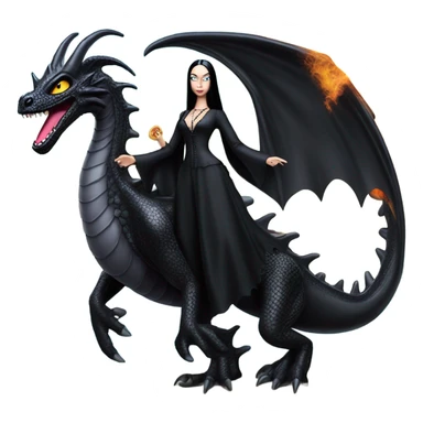  beautifully dressed teen Morticia Addams beach Barbie Jedi flying on the back of a very large black shiny evil-looking fire-spewing dragon. proper scale sticker