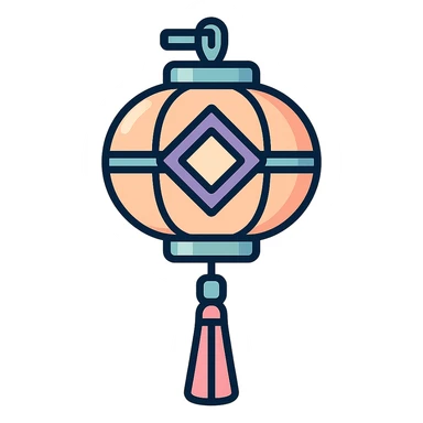 Chinese lantern with geometric ornament and tassel, not minimalist, no floral decor, detailed shadows and highlights, thin clean contours, soft rounded shapes, pastel palette #98B5BC, #B5B3C1, #C9A3C9, #E4C0CA, #F7DCD1, #F7C0AA, modern Japanese pop-art and sticker aesthetics, high detail, vector sharpness, soft lighting, transparent background sticker