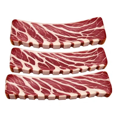 raw rack of pork ribs with curved bone structure, trimmed edges, alternating layers of pink-red meat and white fat, moist surface, visible marbling, slight connective tissue, no sauce or extras, soft lighting, emoji scale sticker